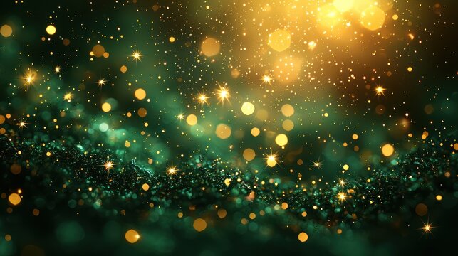 Abstract festive background with emerald green and gold glitter, bokeh, and sparkle.