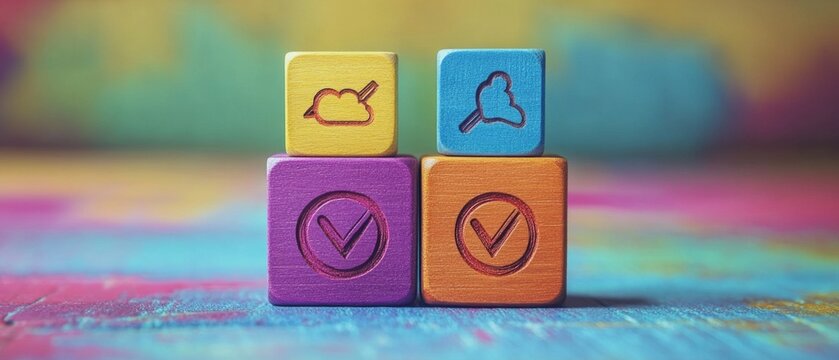 Wooden cubes with symbols of clouds and ticks on a colorful background, symbolizing success and achievements. Suitable for educational topics, motivational posts, business presentations.