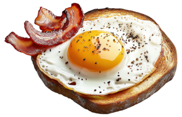 Toasted bread with fried egg and bacon slices