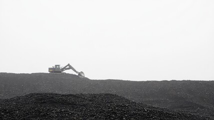 Fototapeta premium Excavator Working on a Mountain of Coal Dust in a Foggy Landscape Moments of Industrial Activity