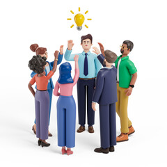 3D people celebrating a lightbulb idea, symbolizing innovation and teamwork. 3D rendering, conceptual image. Isolated on white background.