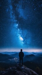 Man standing on top of a mountain under a starry sky, admiring the night landscape. Suitable for motivational posters, covers of travel books, advertising of tourist routes.
