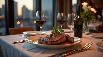 The rich sear of a steak meets the crisp bite of golden fries, all elegantly framed by a glass of red. This is a plate where rustic charm and fine dining collide. 
