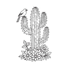 A black and white coloring book line art of a cactus with a bird perched on it. The cactus is surrounded by flowers. The image is set on a simple white background.