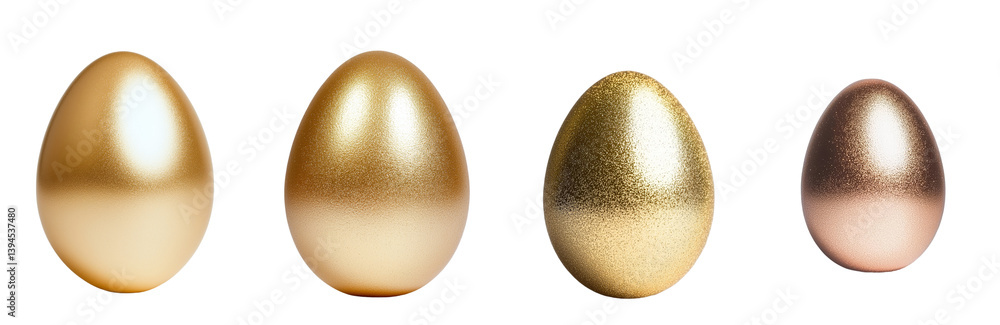 Poster elegant collection of isolated gold and rose gold eggs displayed in a minimalist style on a white ba