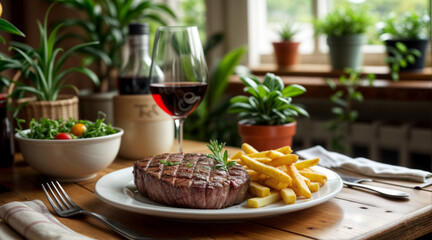 A flawlessly grilled steak pairs effortlessly with golden, crispy fries in a classic dining duo. The bold notes of red wine elevate the meal into a moment of refined indulgence.