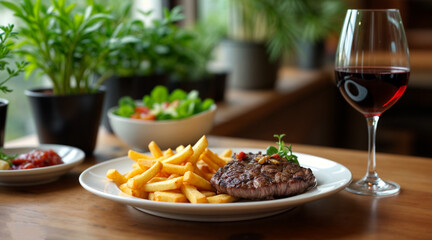This perfectly seared steak and crispy fries create a timeless culinary harmony. A glass of red wine adds a rich finishing touch to the experience. 