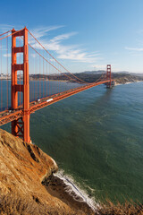 Iconic view of the Golden Gate Bridge bathed in warm sunlight