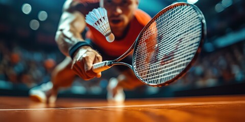 Badminton player stretches to reach the shuttlecock during a world-class competition, showcasing agility and focus in an intense moment of the match