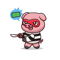 Cute Cartoon Pig Robbing Thief Holding Knife Illustration Icon Vector, Animals Business, Cartoon Style Flat
