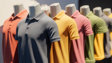 A range of polo shirts in assorted colors, shown on a white backdrop