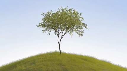 Fototapeta premium A solitary tree stands atop a lush green hill under a clear blue sky