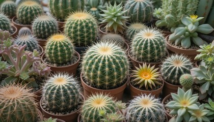 Obraz premium Succulent and Cactus Varieties Growing in Pots at a Greenhouse During Daylight With Sunlight Filtering Through