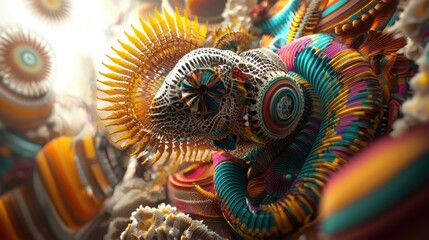 Fototapeta premium A vibrant, abstract sculpture composed of various shapes and colors, creating a dynamic and visually striking piece.