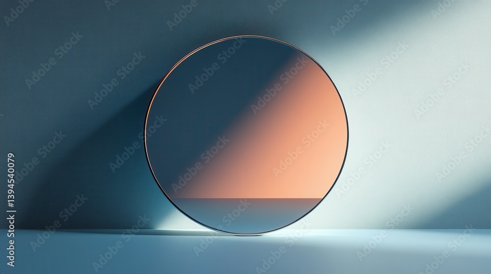 Poster a minimalist circular mirror casts soft reflections against a textured wall, creating an interplay o