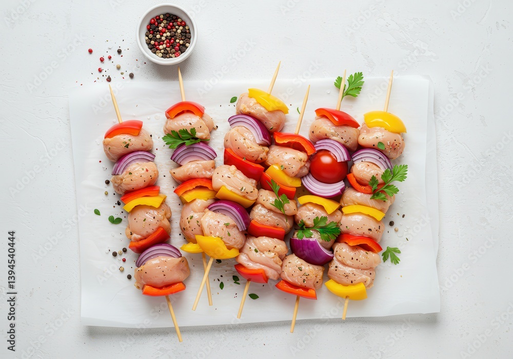 Poster overhead view of chicken skewers with red pepper yellow pepper and red onion on a white background