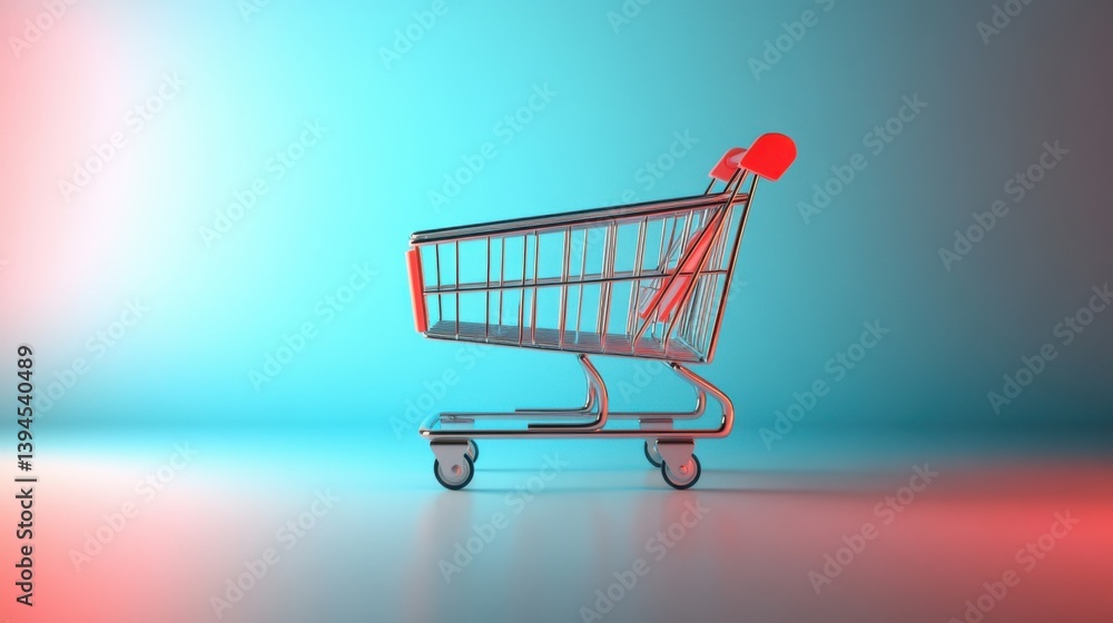 Poster a shiny shopping cart sits against a colorful gradient background, emphasizing modern retail and con