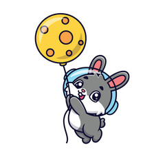 Cute Cartoon Astronaut Rabbit Holding Flying Moon Balloon Illustration Icon Vector, Animals Science, Cartoon Style Flat