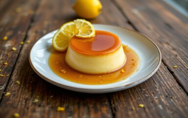 A delicious flan dessert topped with caramel sauce and garnished with lemon slices on a rustic wooden table