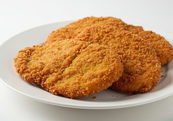 A plate with several golden brown breaded chicken cutlets arranged on a white ceramic surface top view