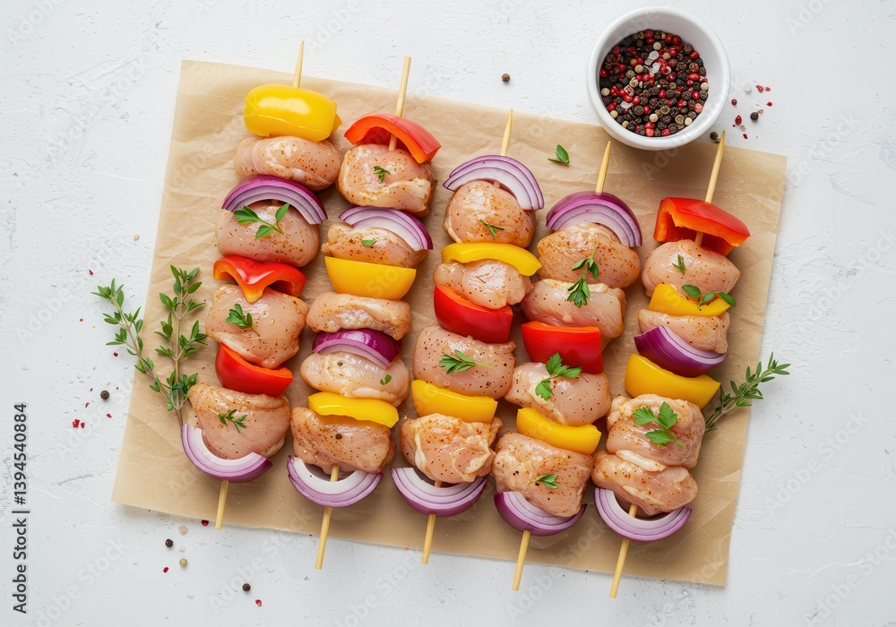 Poster Overhead view of chicken skewers with peppers and onions on parchment paper surface close up shot