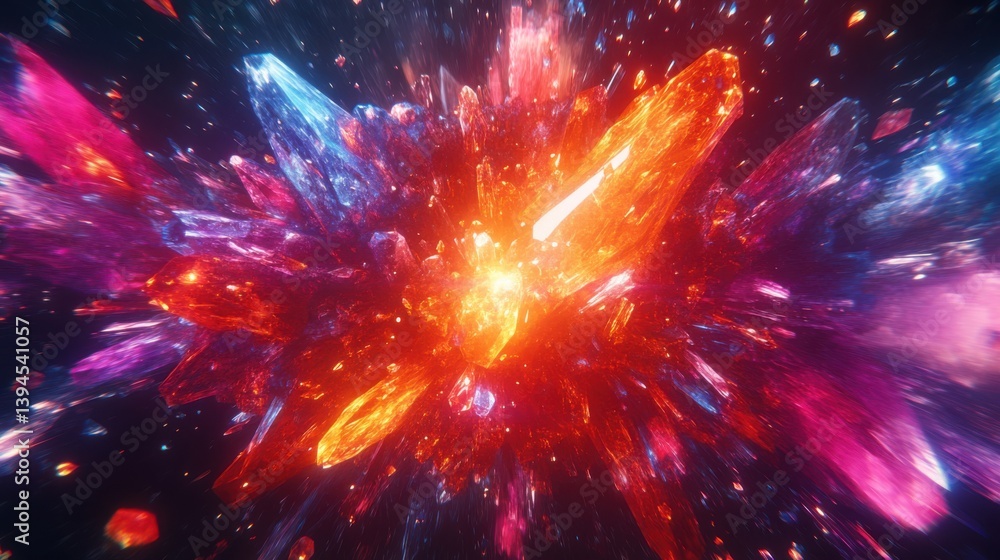 Poster a vibrant explosion of colorful crystals radiates light, creating a mesmerizing visual effect that c