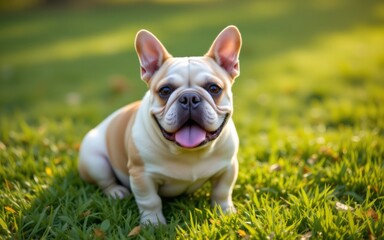 A cheerful dog sitting on green grass, showcasing its playful personality and distinctive features