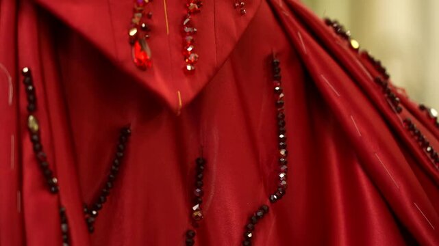 Fashion detail: hands with beaded bracelets adjusting a red dress.
