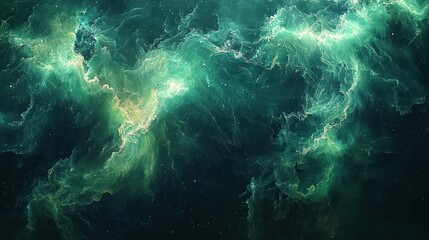Abstract nebula swirling in emerald and teal hues.