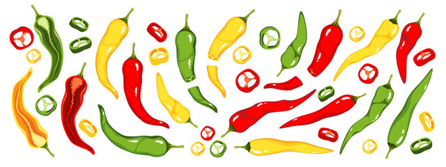 Chili peppers collection. Hot yellow, red, green chili peppers sliced, whole, halves. Vector illustration.