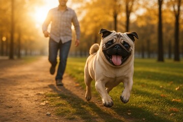 Joyful pug running autumn park.