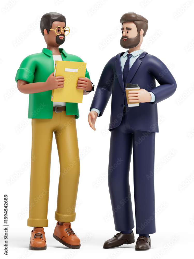 Poster two 3d people converse, symbolizing professional networking and collaboration. 3d rendering, concept