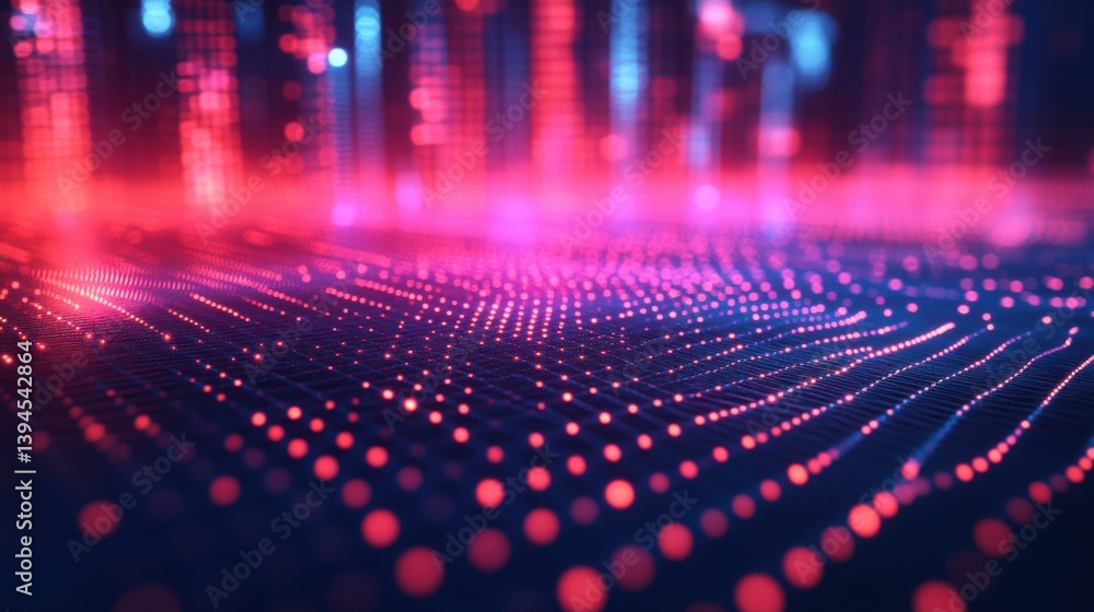 Poster a vibrant, abstract digital landscape featuring colorful dots and lines, resembling data visualizati