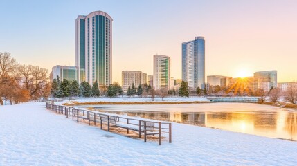 Obraz premium Winter sunrise over a city park