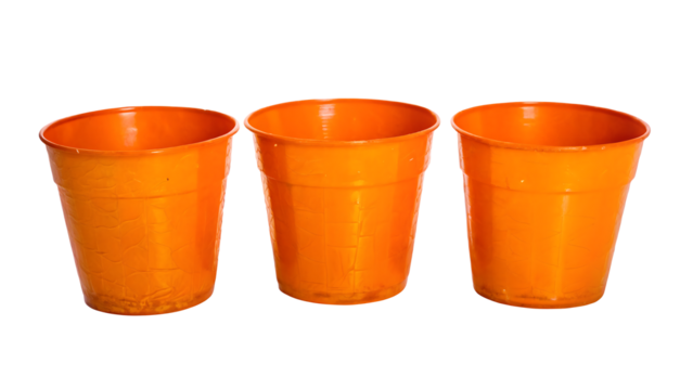 set wrinkly orange plastic cups isolated on white background PNG. GENERATIVE AI