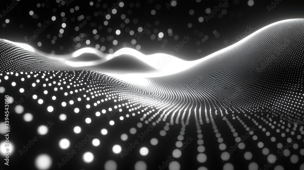 Poster a monochromatic abstract landscape featuring flowing waves and scattered dots, creating a sense of d