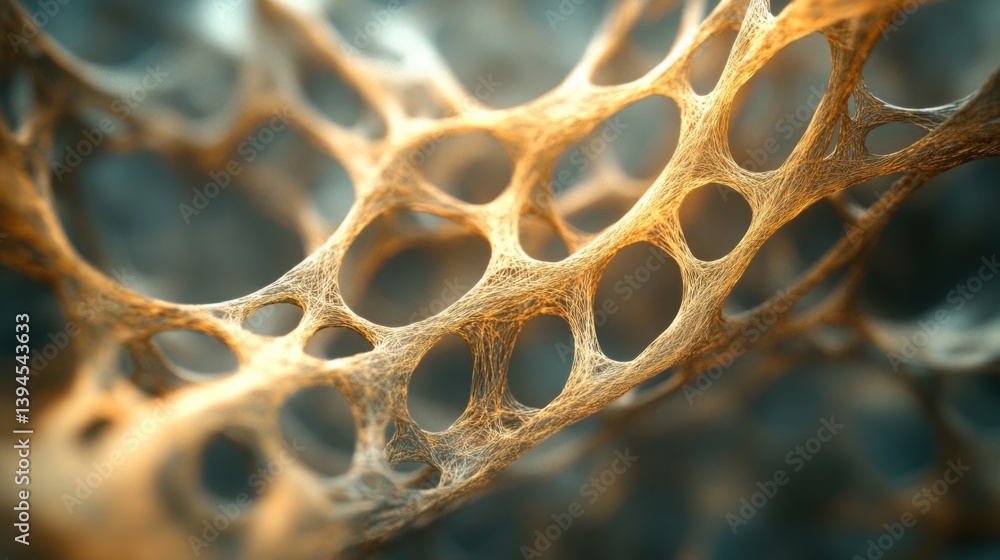 Poster an abstract close-up of a web-like structure with holes, showcasing intricate patterns and textures,
