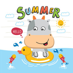 Cartoon cow enjoying summer in an inflatable duck ring with 