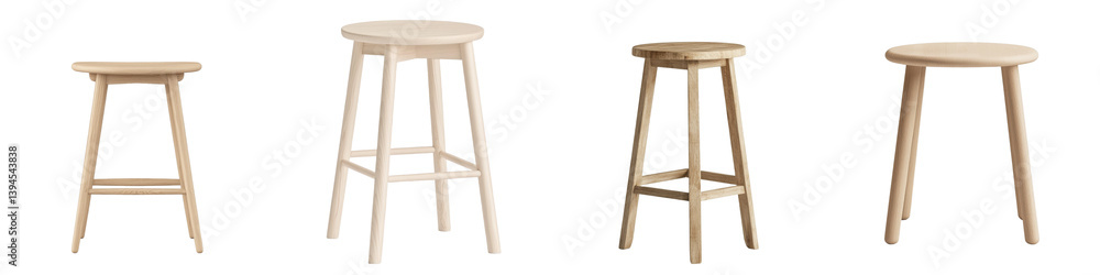 Poster minimalist wooden stools arranged in a clean, isolated setting showcasing different heights and desi