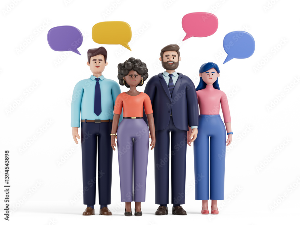 Poster diverse 3d people with speech bubbles, symbolizing open dialogue and inclusivity. 3d rendering, conc