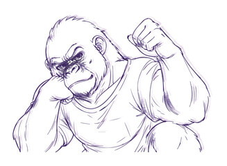 Obraz premium Angry Cartoon Gorilla Sketch in T-Shirt – Hand Drawn Character Illustration Adobe Illustrator Artwork