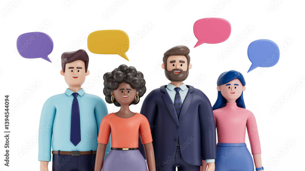 Poster diverse 3d people with speech bubbles, symbolizing open dialogue and inclusivity. 3d rendering, conc