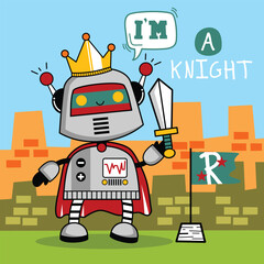 Cartoon robot knight wearing a crown and holding a sword with a flag in front of a castle in a playful and colorful design. Fantasy concept
