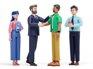 3D man shakes hands with another, symbolizing agreement and teamwork. 3D rendering, conceptual image. Isolated on white background.
