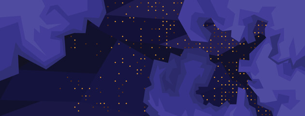 Stylized night cityscape viewed from mountains with glowing lights and abstract clouds.