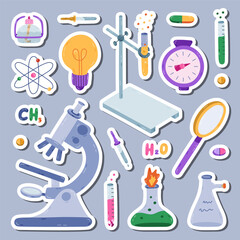 Cute sticker set with cartoon chemistry, science and laboratory clipart for planners, notebooks. Ready for print list of cute stickers. Lab equipment for chemical, genetic, medical experiment, study.