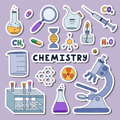Cute sticker set with colorful doodle chemistry, science and laboratory clipart for planners, notebooks. Ready for print list of cute stickers. Lab equipment for chemical, genetic experiment, study.
