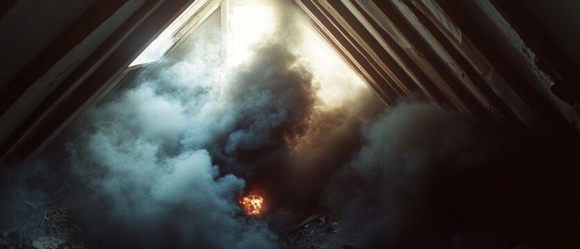 Dramatic smoke and light pour through a roof opening, evoking mystery and allure amidst the shadows in an abandoned attic. - Powered by Adobe