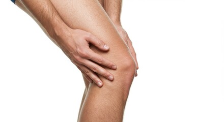 Man Holding Sore Knee Dry Skin White Background - A man gently holds his knee, showcasing dry skin around the joint. The symbolizes pain, discomfort, dryness, health, and the need for skincare