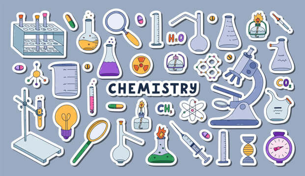Big sticker set with colorful doodle chemistry, science and laboratory clipart for planners, notebooks. Ready for print list of cute stickers. Lab tool for chemical, medical experiment, learning.